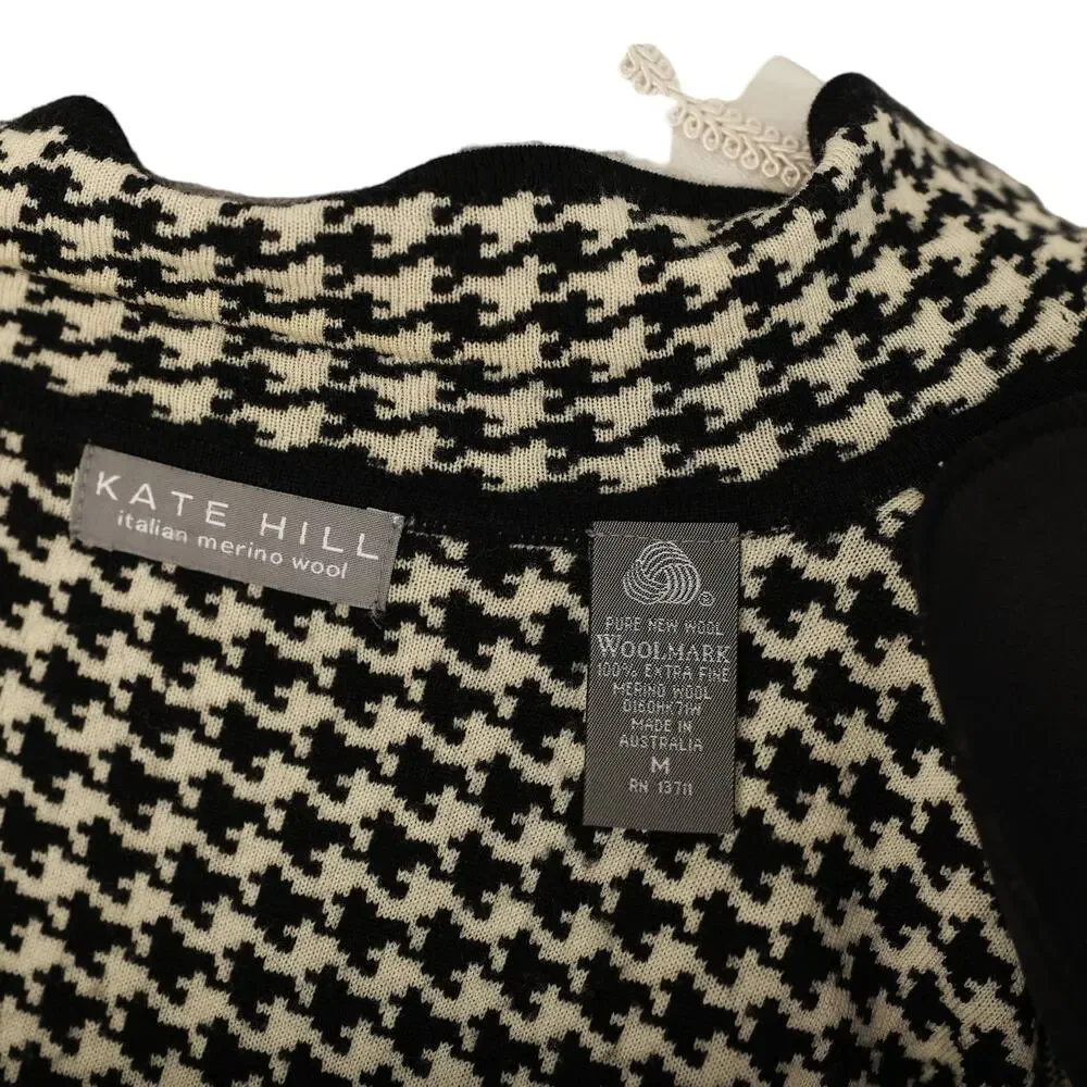 Kate Hill Italian Merino Wool black ivory cream Houndstooth‎ stretchy blazer med